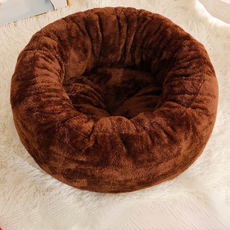 Long Plush Round Pet Bed Warm Fluffy Cushion Nest