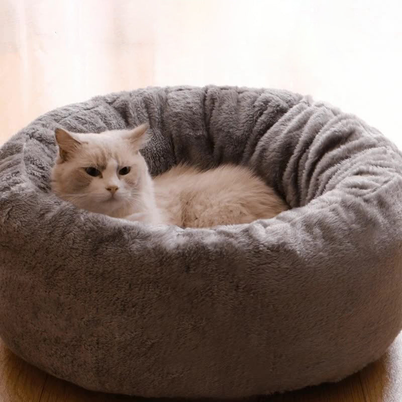 Long Plush Round Pet Bed Warm Fluffy Cushion Nest