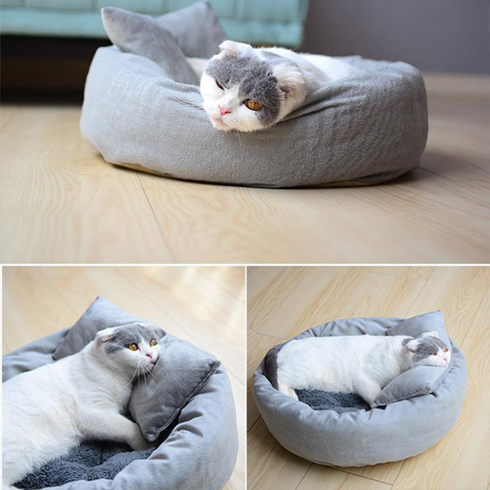 Soft Round Pet Bed With Pillow Plush Sleeping Nest