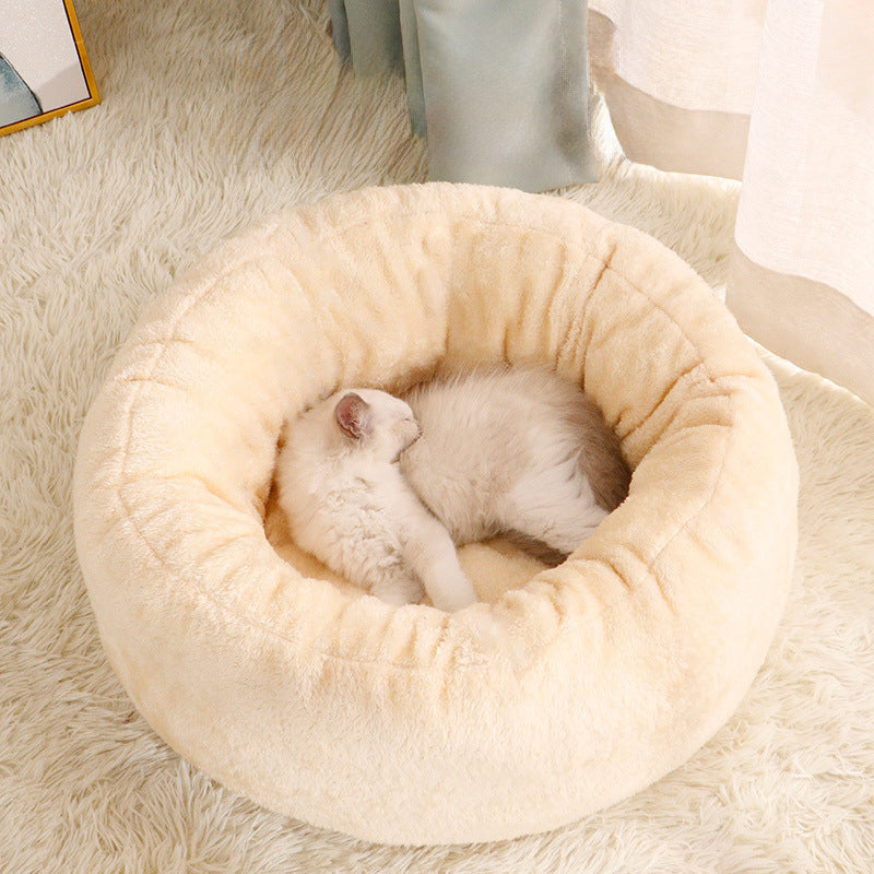 Long Plush Round Pet Bed Warm Fluffy Cushion Nest