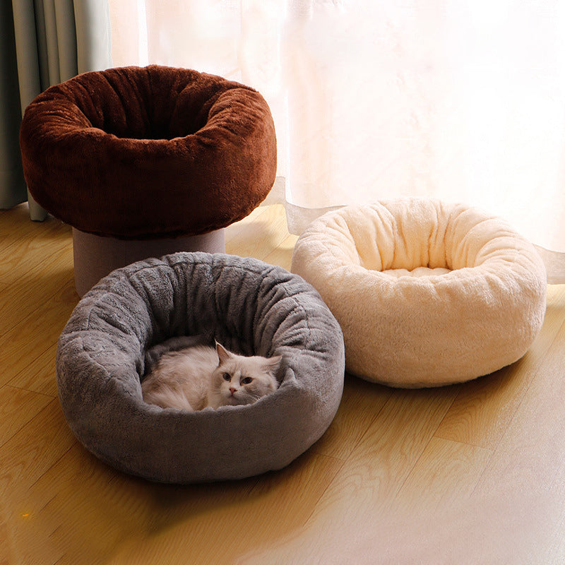 Long Plush Round Pet Bed Warm Fluffy Cushion Nest