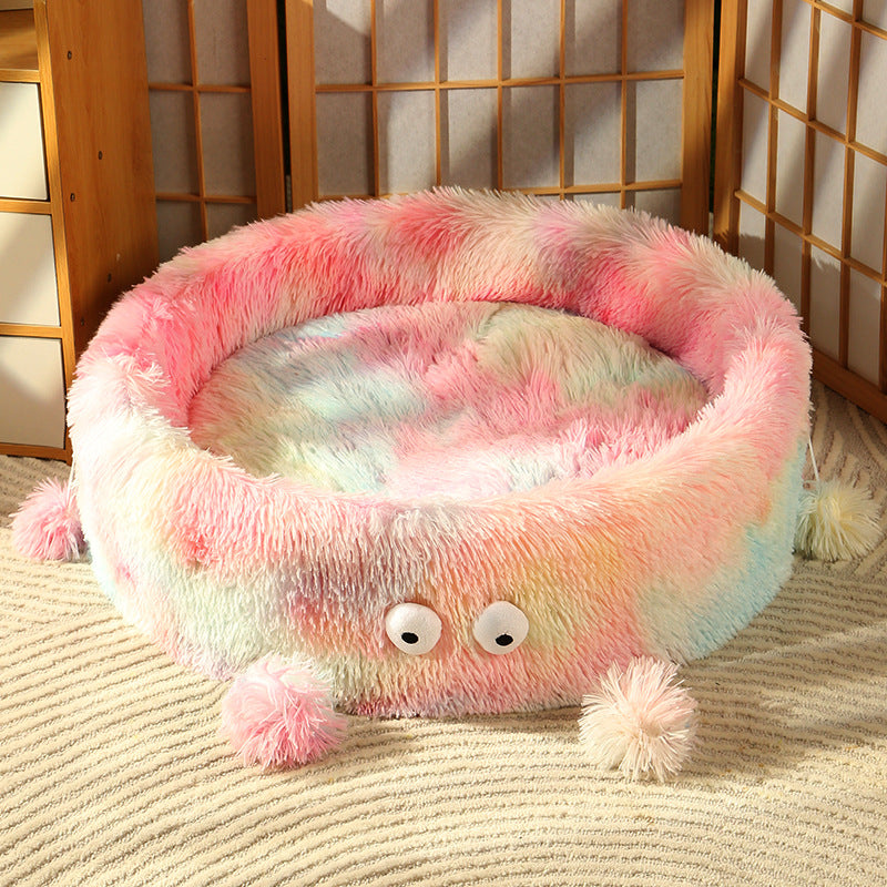 Winter Warm Pet Round Bed Cute Monster Design Nest