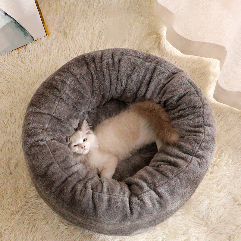 Long Plush Round Pet Bed Warm Fluffy Cushion Nest