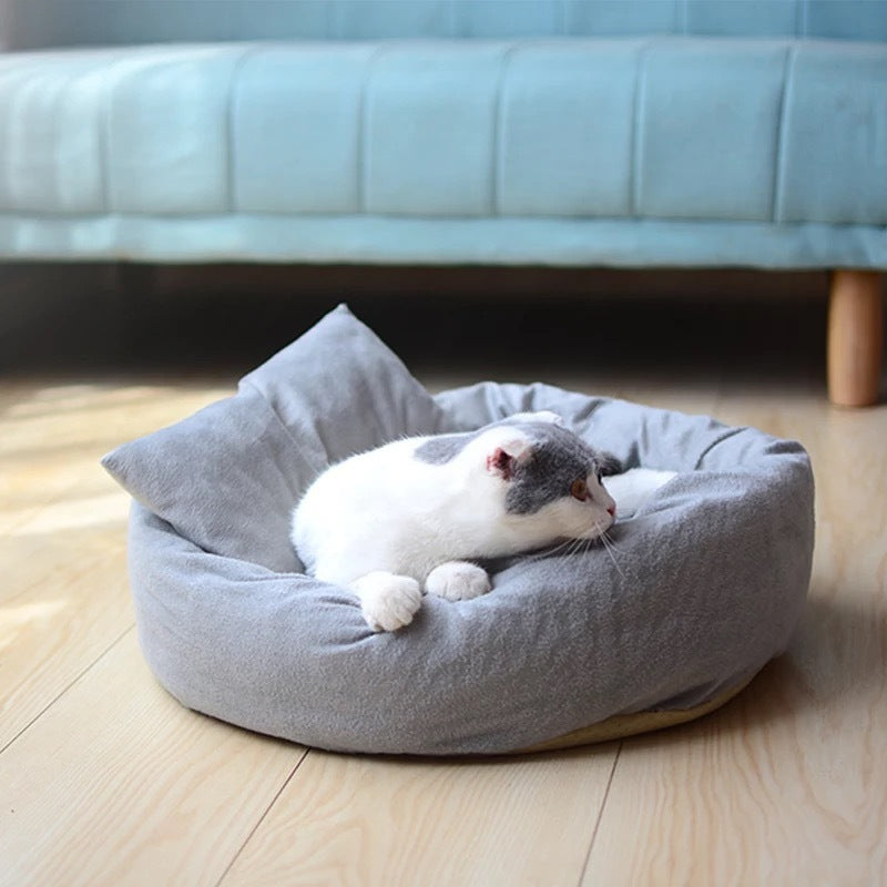 Soft Round Pet Bed With Pillow Plush Sleeping Nest