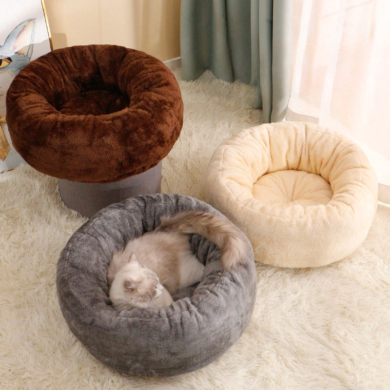 Long Plush Round Pet Bed Warm Fluffy Cushion Nest