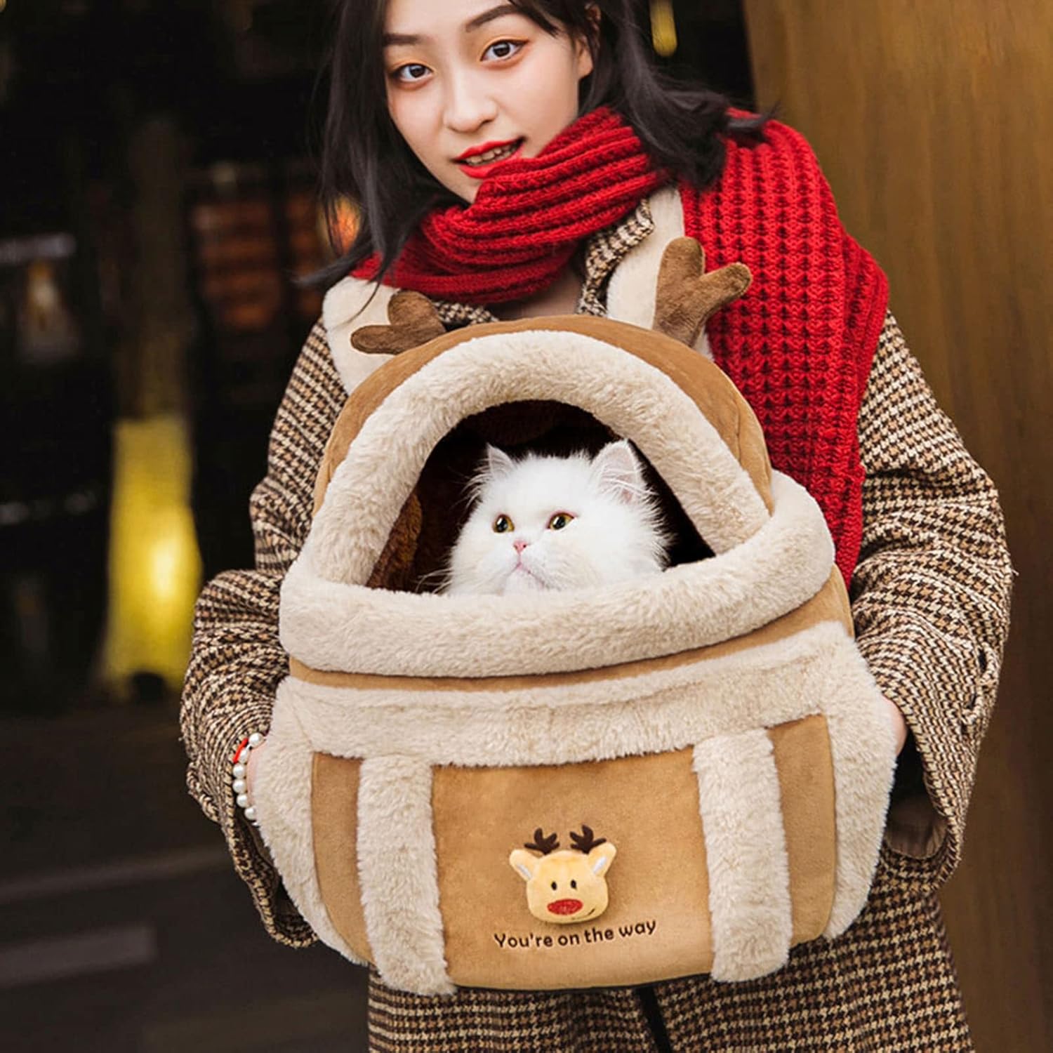 Plush Reindeer Pet Carrier Backpack Winter Travel Bag