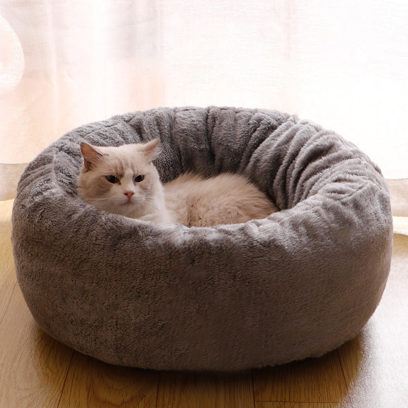 Long Plush Round Pet Bed Warm Fluffy Cushion Nest