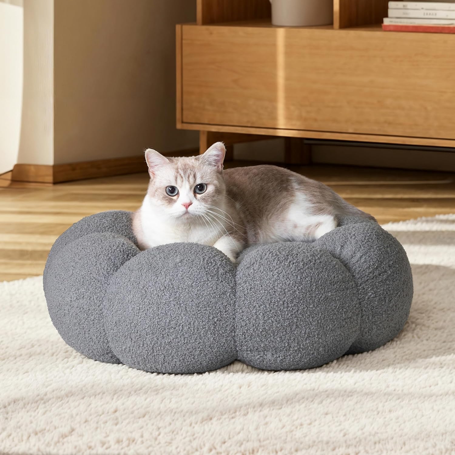 Fluffy Round Pet Calming Donut Plush Cuddler Bed